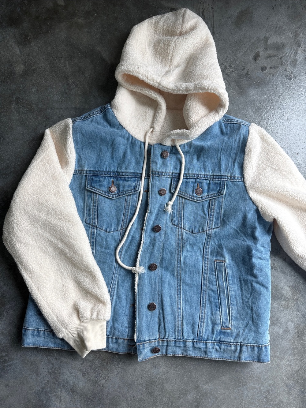 Denim Jacket with Cream Sherpa Hood, Lining, and Sleeves